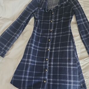 Gilli Navy Blue Plaid Long Sleeve Dress